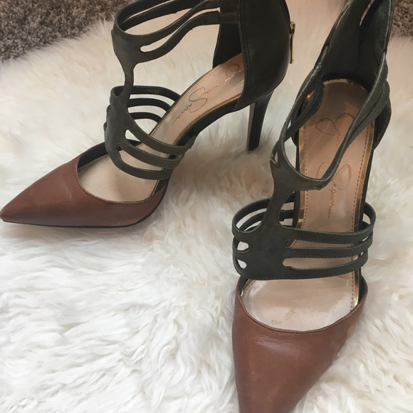 Jessica Simpson Green & Tan Strappy Heels sz8 - Picture 1 of 7